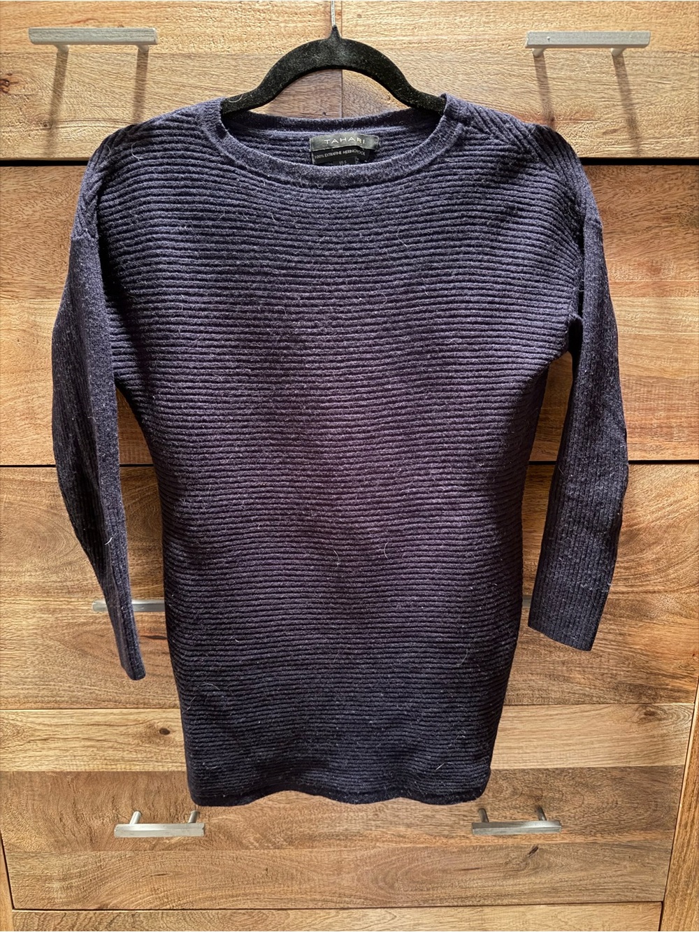 Tahari Navy Ribbed Crewneck 100% Merino Wool Women’s Sweater